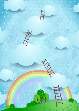 Surreal landscape with ladders and rainbow