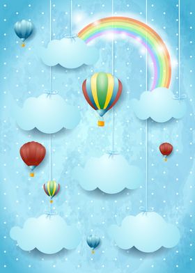 Surreal cloudscape with hot air balloons 
