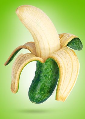 Banana and cucumber with green background