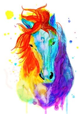 Watercolor horse in red, orange, yellow, blue and purpl ... 