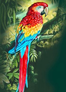colourful acrylic illustration of a rainforest parrot.