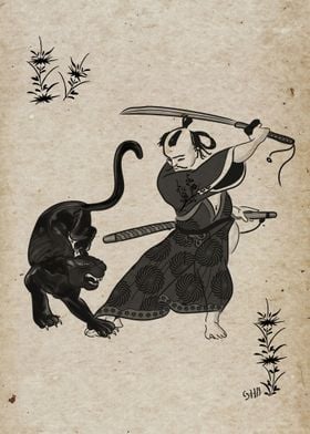 Samurau fighting a panther (on an old paper).
