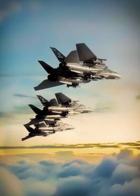 Grumm F14 Tomcats in formation above the clouds