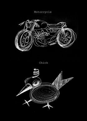 A doodle of a motorcycle and a chick.