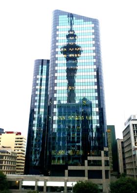 Reflection of the SkyTower in Auckland, New Zealand. © ... 