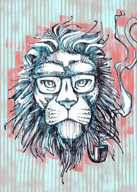 Hand drawn illustration or drawing of a hipster lion wi ... 