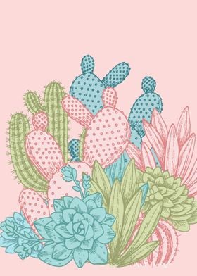 Succulents drawing over pale pink. Pastel colors, cute  ... 