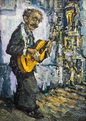 guitar player street musician, original oil painting on ... 