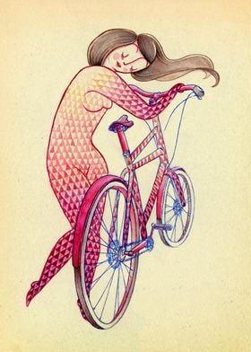 Here's a real bike hugger. A daydreamer with her vehicl ... 