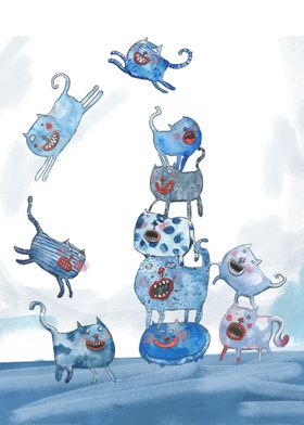 Cats playing around, forming a tower and jumping on the ... 