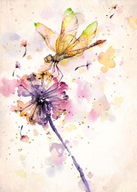 "Dragonfly & Dandelion"  Water Colour Art
