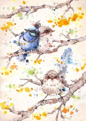"Family Life (Blue Fairy Wrens)" Water Colour Art