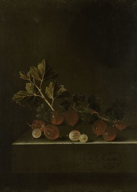 Adriaen Coorte -A Sprig of Gooseberries on a Stone Plin ... 