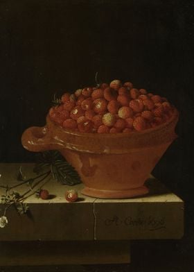 Adriaen Coorte -A Bowl of Strawberries on a Stone Plint ... 