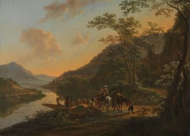 Jan Both - Italian Landscape with Ferry, c. 1652, oil o ... 