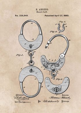 patent art Ahrend Hand Cuff 1880