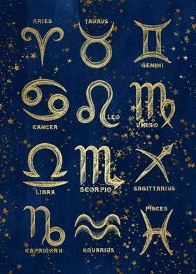 Twelve 12 Zodiac Signs. Antique Vintage Art Deco Esoter ... 
