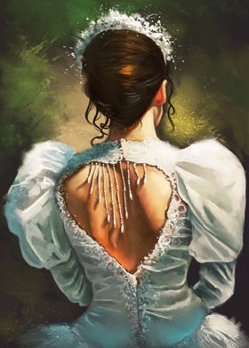 A painting of a sunlit wedding gown.