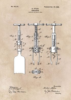 patent art - Stiles - Corkscrew - 1898