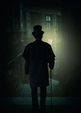 Victorian man wearing top hat in the alley at night.