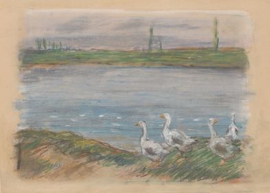 Alfred Sisley - Four Geese By a Pond, pastel on heavy c ... 