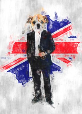 Bulldog with human body and Great Britain flag sketch