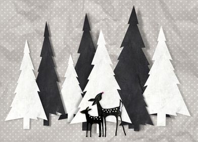PAPERCUT DEER AND FOREST BLACK-AND-WHITE