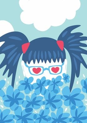 Geek Girl With Heart Shaped Eyes And Blue Flowers
