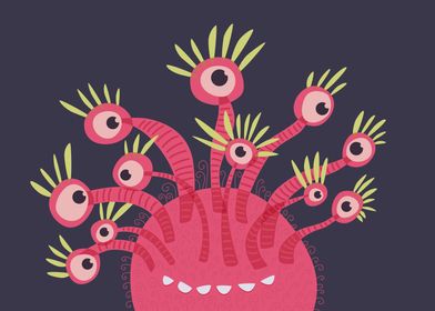 Funny Pink Monster With Eleven Eyes