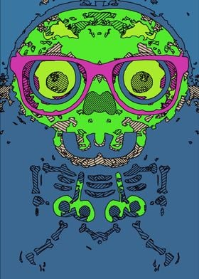 green funny skull art portrait with pink glasses a