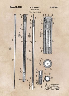 patent art Barrett 1929 Billiard Cue