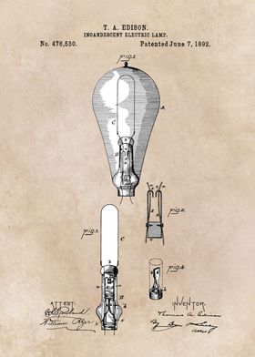 patent art Edison 1892 Incandescent electric lamp