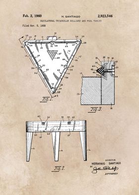 patent art Santiago 1960 Billiard and pool table