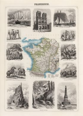 France vintage map - 1863