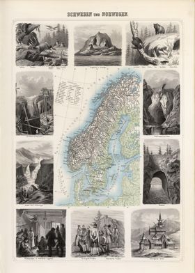 Norway & Sweden vintage map - 1863