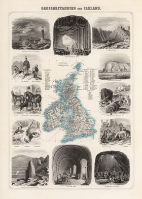 Great Britain and Ireland vintage map - 1863