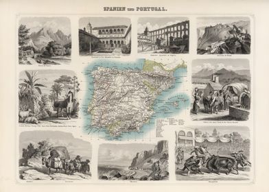 Spain & Portugal vintage map - 1863