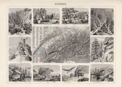 Switzerland vintage map - 1863