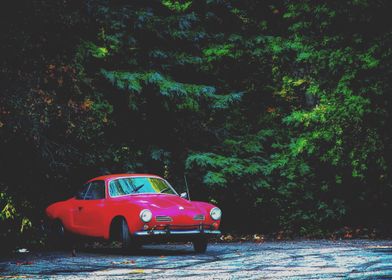 red classic car in the forest