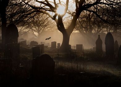 A spooky church graveyard on a misty Winter mornin