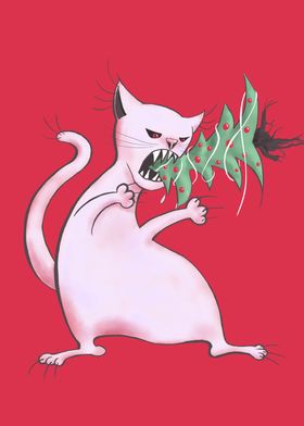 Funny Fat White Cat Eats Christmas Tree