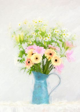 Painterly Daisies in Blue Vintage Watering Can