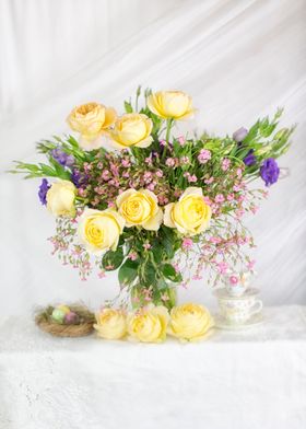Yellow Roses and Lisianthus Bouquet with Teacups