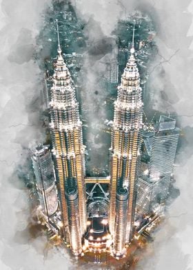 Twin Tower / Landmark / Watercolor