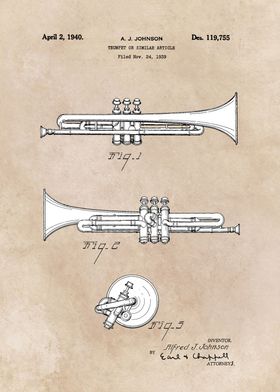 patent art Johnson 1940 Trumpet or similar article