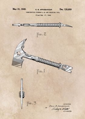 patent art Arnsbarger 1940 Combination firemans ax