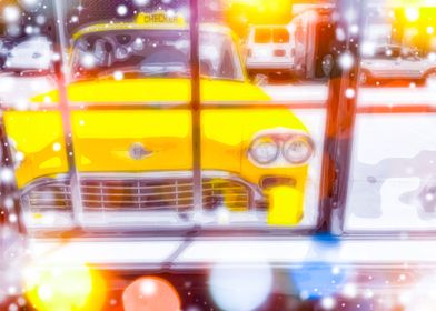 yellow classic taxi car with colorful bokeh light 