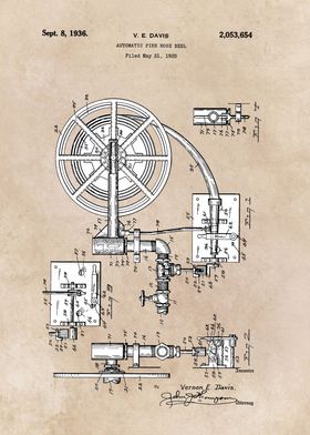 patent art Davis 1935 Automatic Fire hose reel