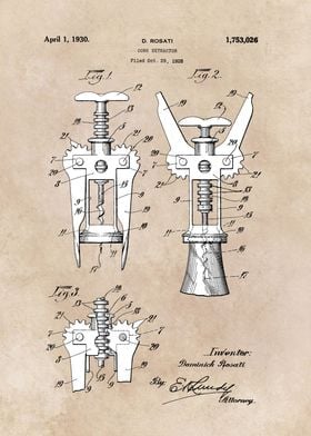 patent art Rosati 1928 Cork extractor