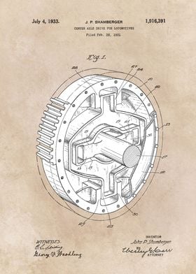 patent art Shamberger 1933 Center axle drive...